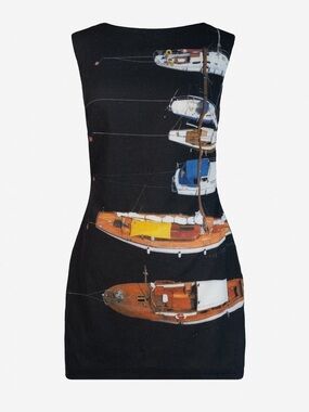 Linen Mini Dress “The Chloe” w/ Marina Yacht Boat Print Yellow the Label